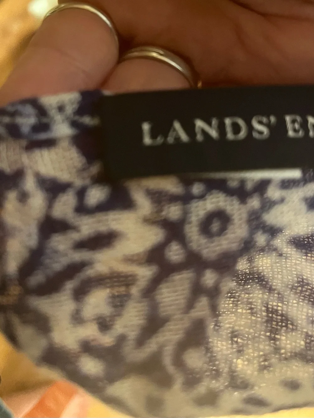 Lands' End Navy and White Floral-Print Scarf with Fringe